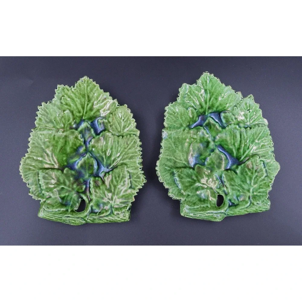 Vintage Made in Portugal Ceramic Leaf Plates Set of 2 Green Majolica Style 7.5